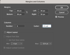 Adobe InDesign "Margins and Columns" menu